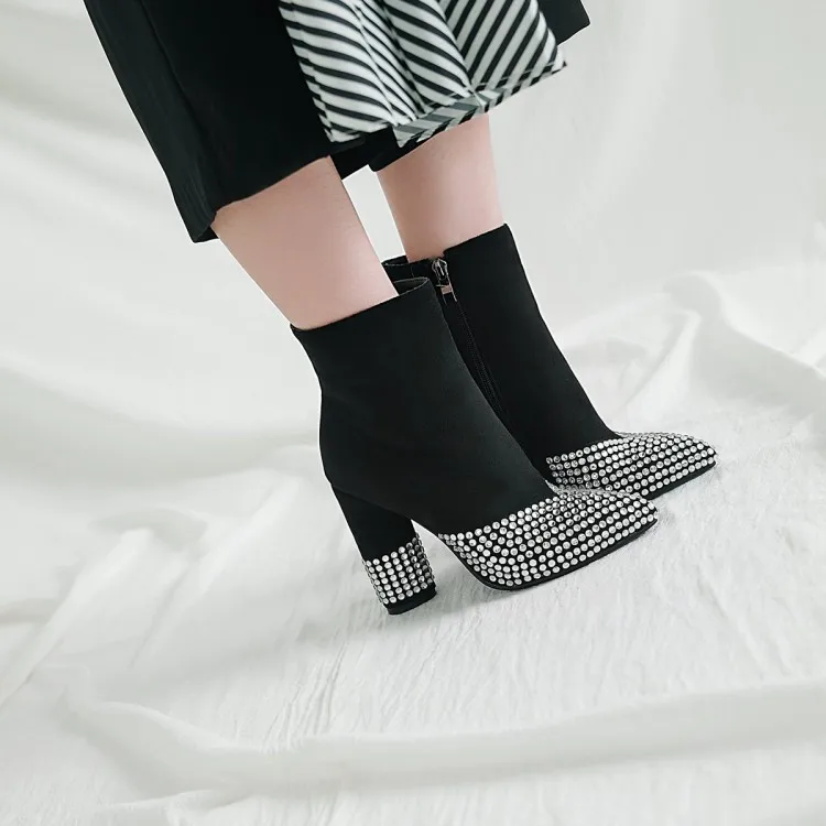

Big Size Ma'am Coarse heel Short boots Pure color Water drill Fashion boot barrel High heel boots