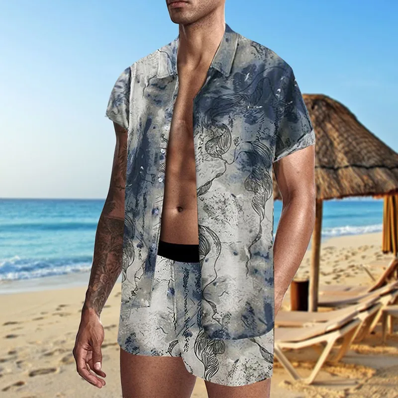 

Adisputent Hawaiian Print Short Sleeve Shirt Set Men's Beach Coconut Print Shorts Men's Daily Beach Shirt Set Two-piece S-3XL