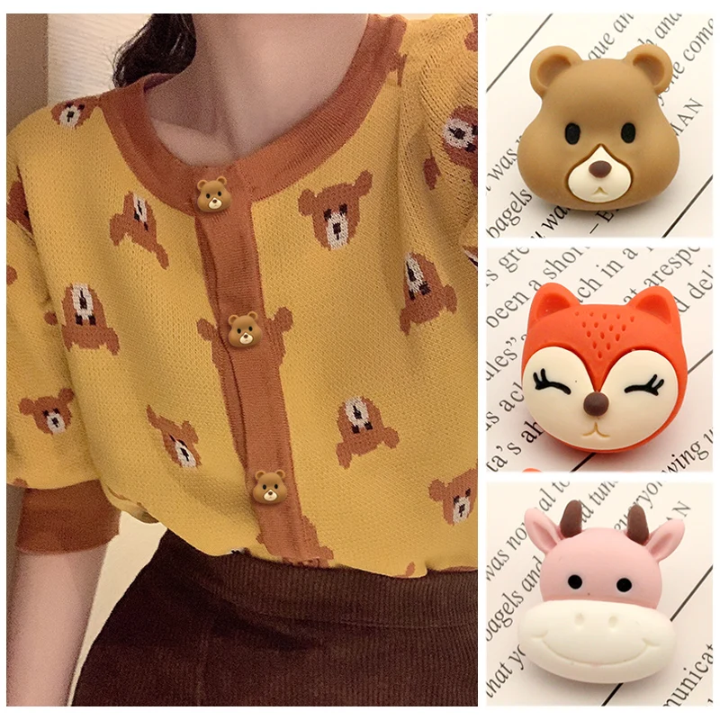 6pcs Cartoon Fox Bear Calf Decorative Lovely Animal Buttons for Clothing Children Cardigan Sweater Overcoat Sewing Wooden resin | Дом и сад