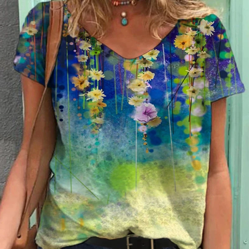 

Tee Shirts Clothing Plus Size 5XL Summer New Fashion Women V-neck Flower Print Short Sleeve Casual Loose T-shirt Y2k Top