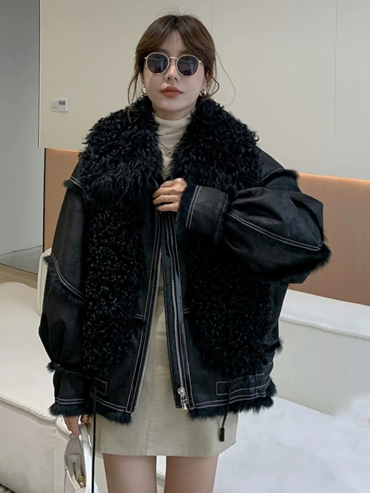 Winter Women Real Wool Fur Real Skin Rabbit Fur Inner Warm Jackets Real Fur Collar Ladies Outwear