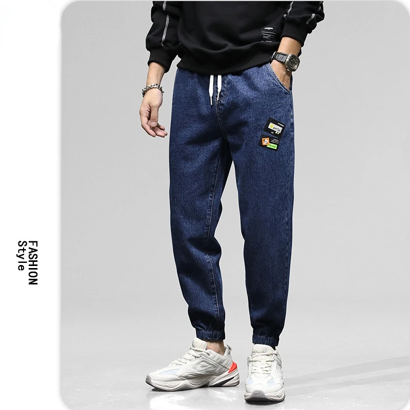 

Fall 2021 New Men Jeans Loose Casual Korean Style Jeans Fashion Trend Tied Trousers Print Straight Leg Jeans Drawstring Trousers