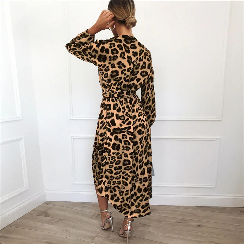 

Leopard Dress 2019 Women Vintage Long Beach Dress Loose Long Sleeve Deep V-neck A-line Sexy Party Dress Vestidos de fiesta