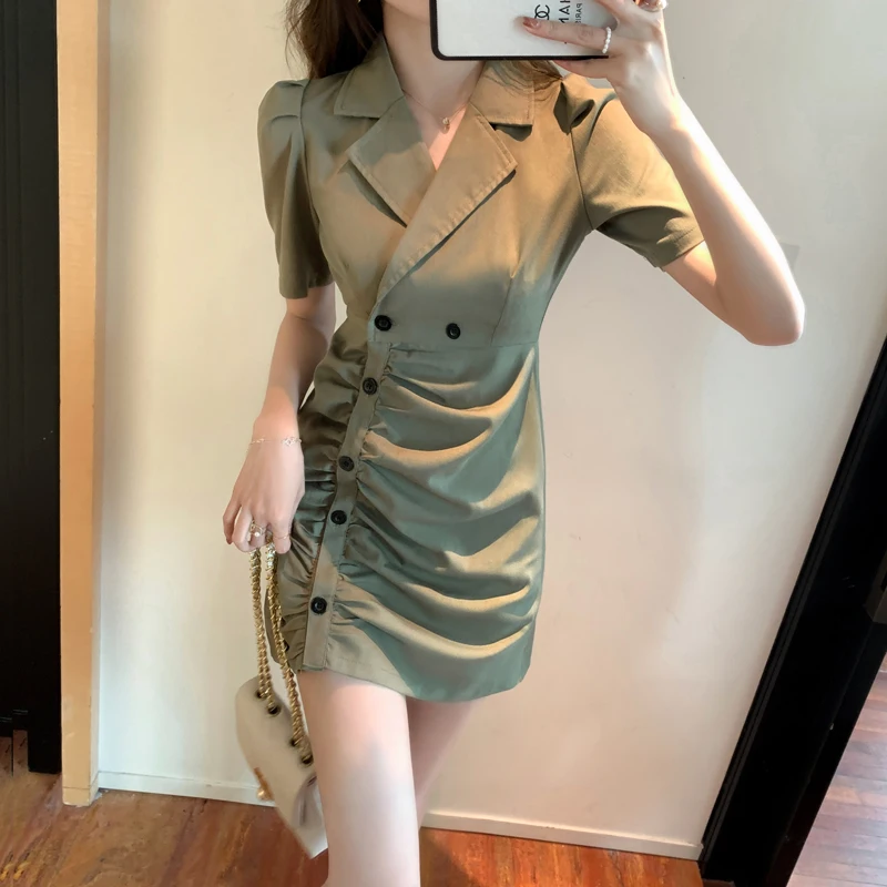 

COIGARSAM Chiffon Women dress New Single Breasted Dresses Green 1679