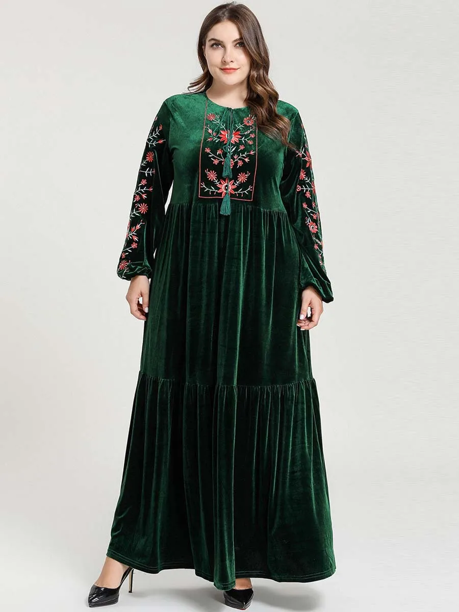 Женский бархатный кафтан с вышивкой Платье макси длинным рукавом мусульманский