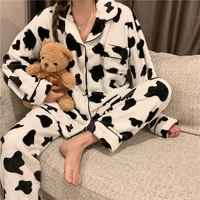 qweek velvet cow print pajama woman winter warm two piece set thicken sleepwear pyjama pour femme lounge wear trouser suits