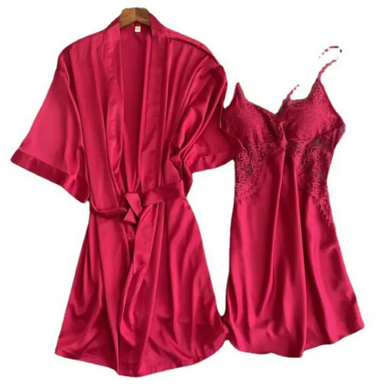 

Summer New 2PCS Sleepwear Satin Robe Set Lace Patchwork Nighty&Robe Set V-neck Sleep Set Solid Nightwear Casual Home Clothing