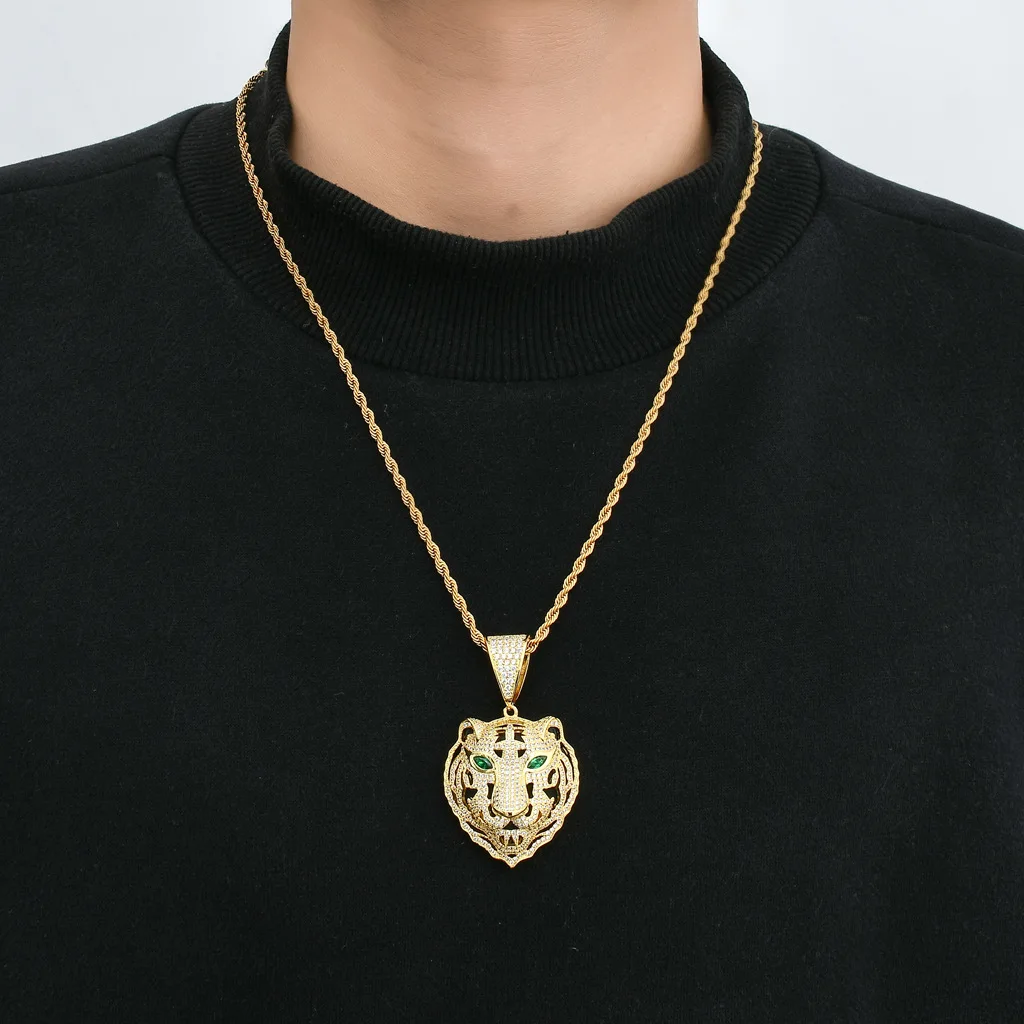 

Bling Iced Out Necklace Micro Pave Cubic Zircon Tiger Head Pendant for Men Women Gifts Luxury Hip Hop Jewelry Dropship