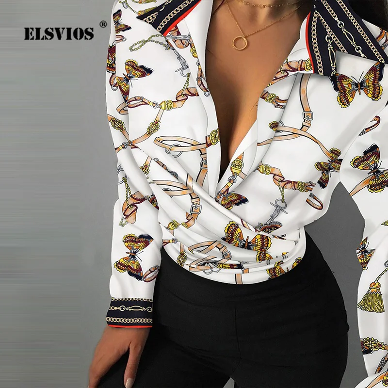 

Spring Loose Long Sleeve Print Shirt Fashion Women's Sexy V-Neck Button Folds Blouse Autumn Elegant Lady Streetwear Pullover Top