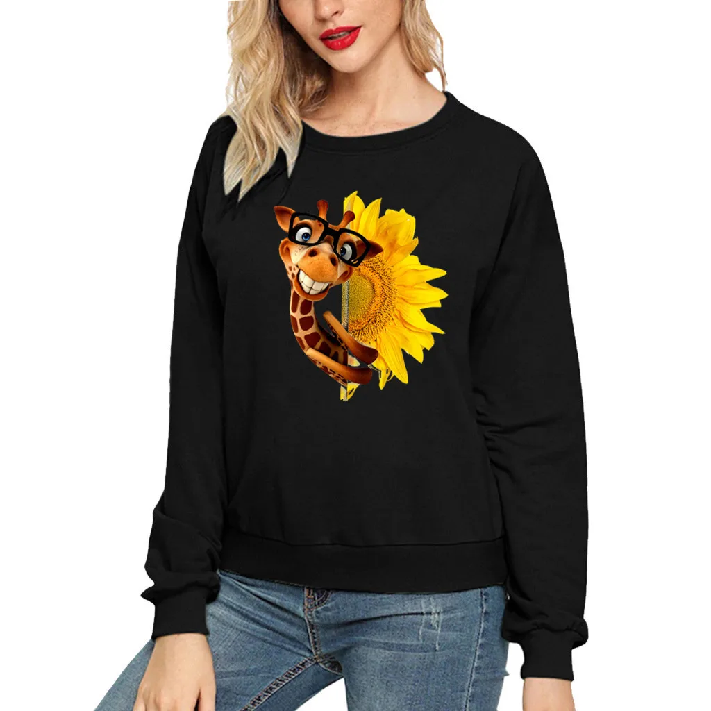 

Giraffe Sunflower Fun Pattern Printed Long Sleeve Tops Round Neck Sweatershirt Letter Printing Sweatshirt Women