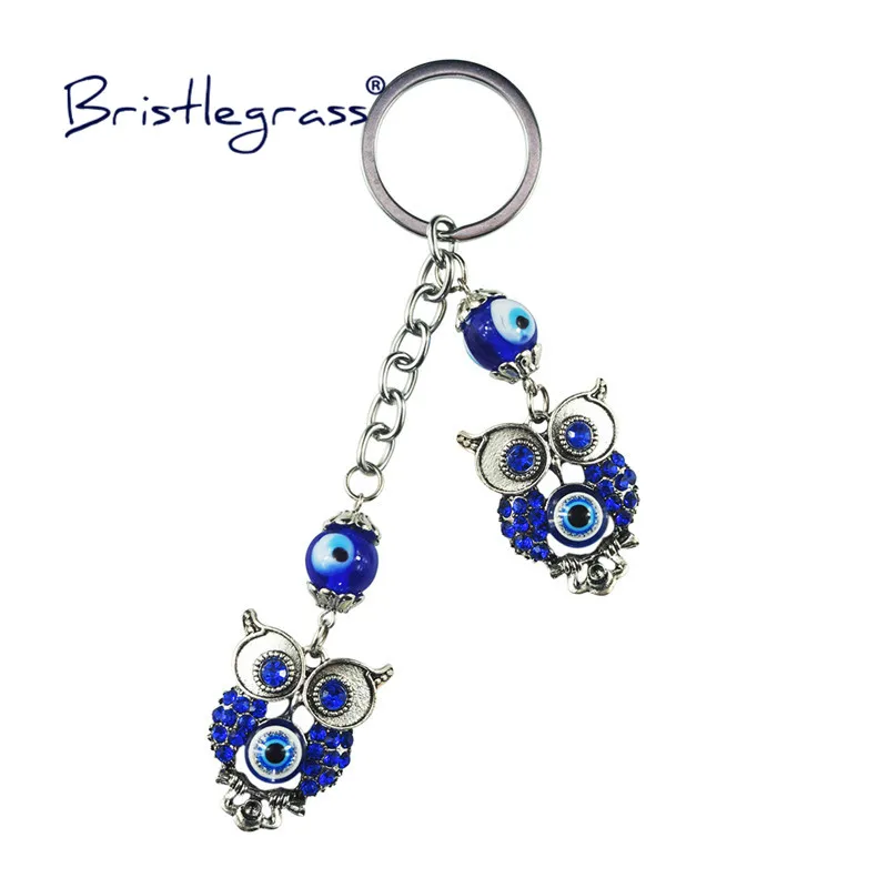 

BRISTLEGRASS Turkish Blue Evil Eye Cute Rhinestone Owl Key Chains Ring Holder Keychain Amulets Lucky Charm Blessing Pendant Gift