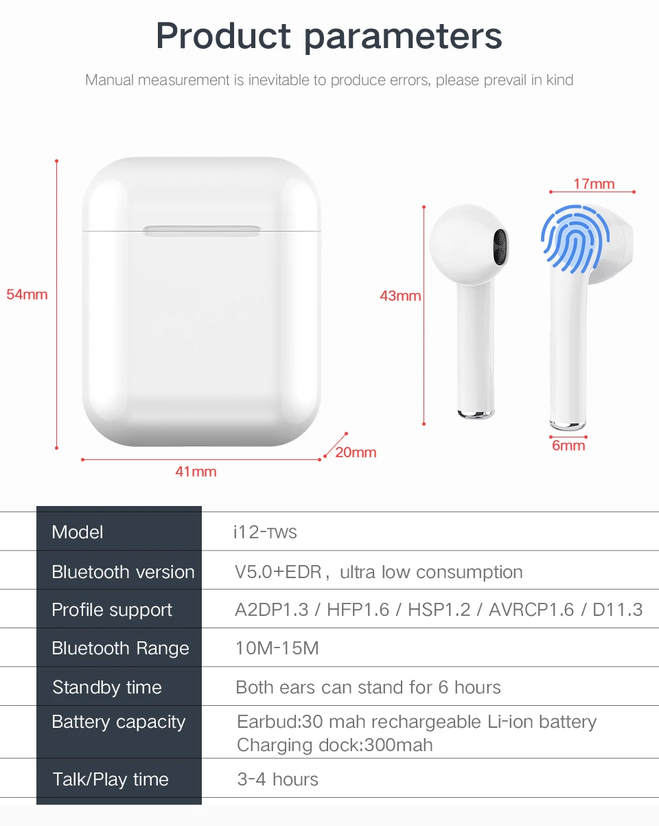 Беспроводные наушники tws i12, беспроводная Bluetooth гарнитура, HD стерео V5.0, шумоподавление, беспроводные наушники, подходят для смартфонов
