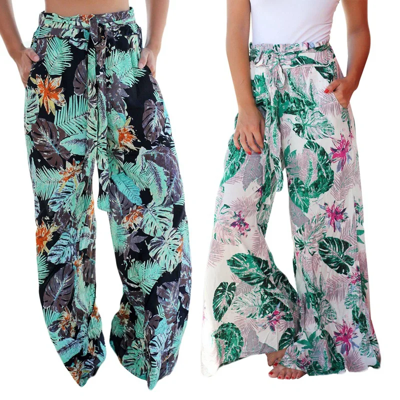 Летние винтажные богемные широкие брюки с высокой талией свободные длинные