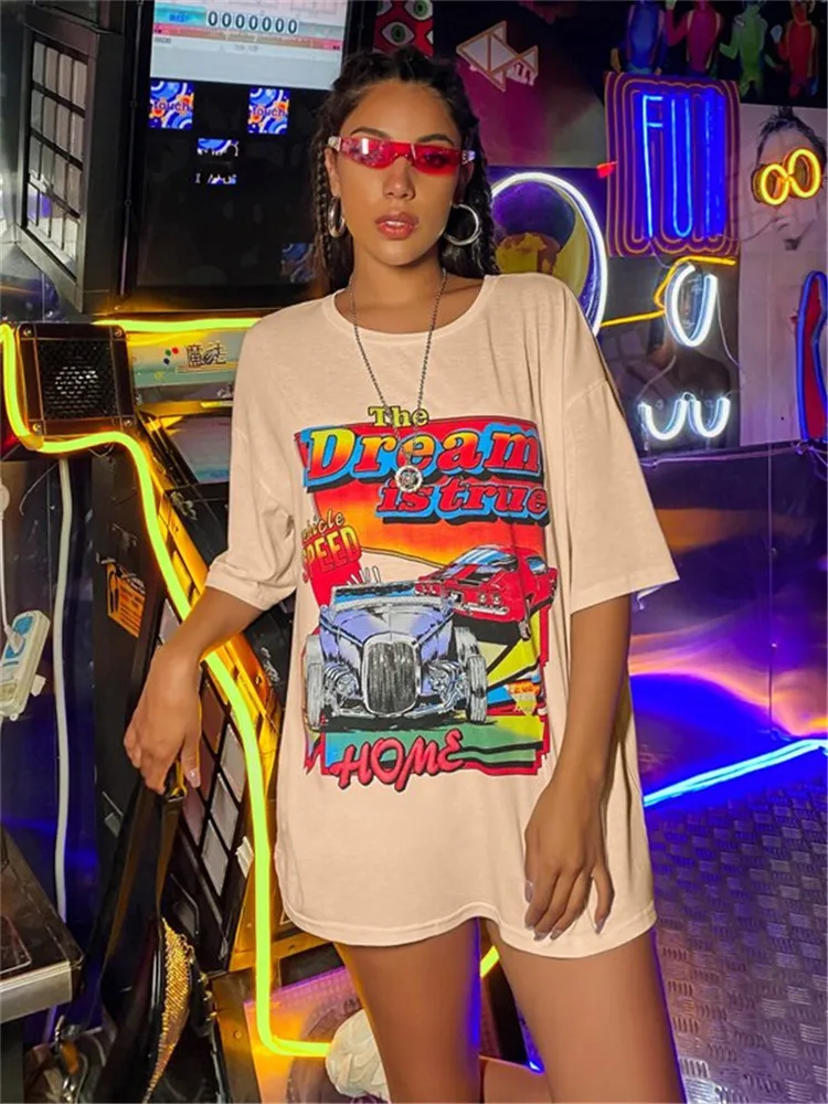 

2021 Summer Womens T-shirt Casual Loose Oversize College Wind Street Fashion Basic All-Match Short Sleeve Harajuku Tops Hiohop