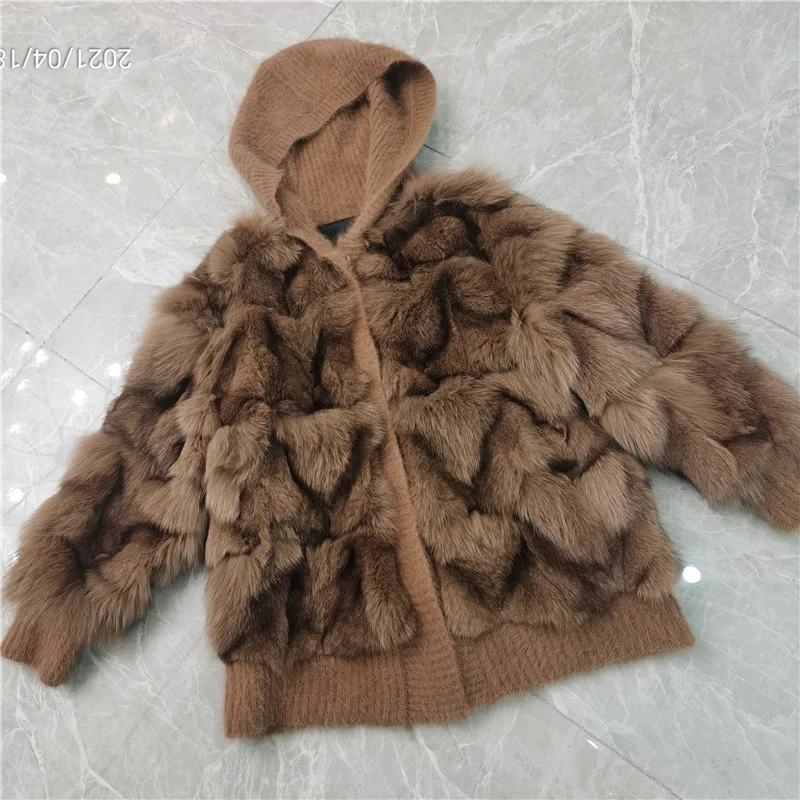 2022 New Fur Women Coat With Hood High Waist Fashion Slim Real Fur Jacket Natural Fox Fur Coats enlarge