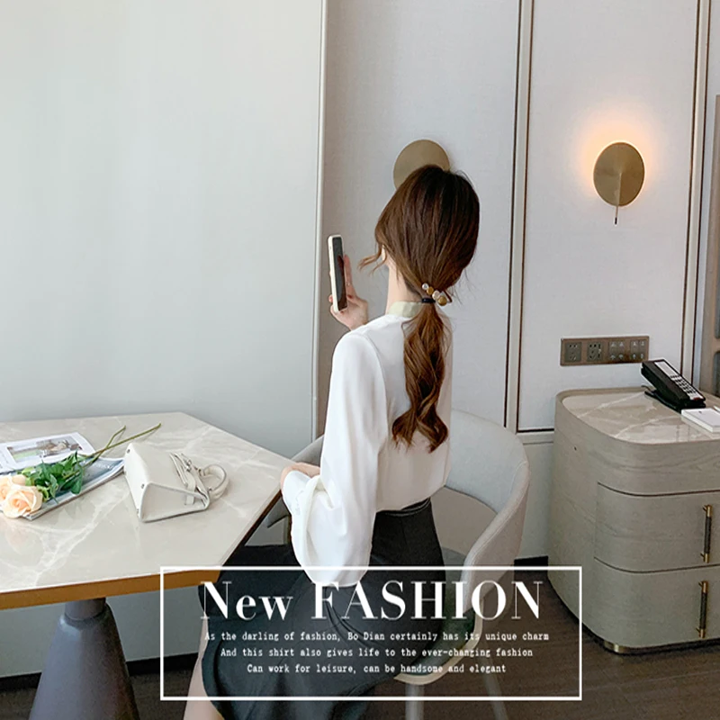 

Women's Long-sleeve White Blouse 2021 New Spring Fashion Slim V-neck Versatile Western Tie Chiffon Shirt Korean High Quality Top