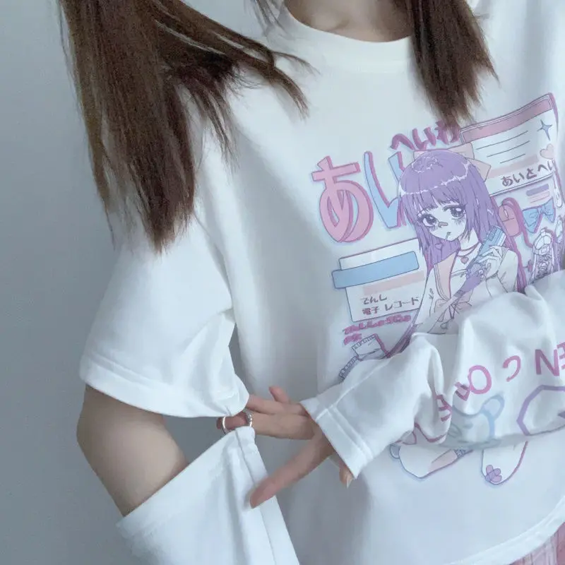 Japanese Streetwear E Girl Anime Tshirt Clothes With Arm Cover Graphic Top Harajuku Kawaii Summer Tops For Women 2022 T Shirt images - 6