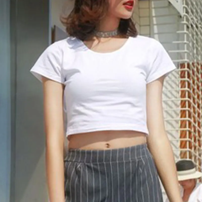 Женский короткий топ с буквенным принтом однотонный облегающий коротким рукавом