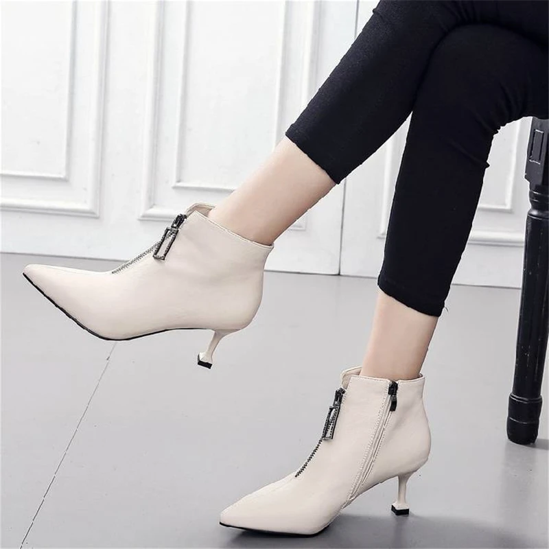 

Женские ботинки из искусственной кожи, Черные ботильоны на молнии, на высоком каблуке, с острым носком, для весны и зимы, 2020