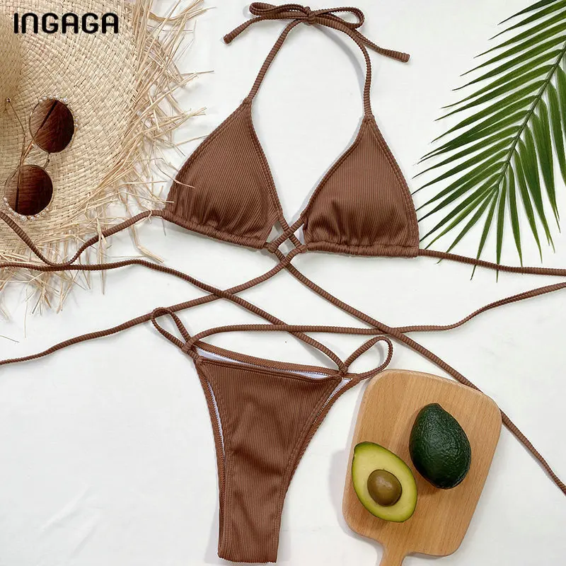 Ingaga Lace-up Bikini Sexy Badmode Women Push Up Women Bathing suits Biquini Holder Bathing suits High Cut Bikini Set