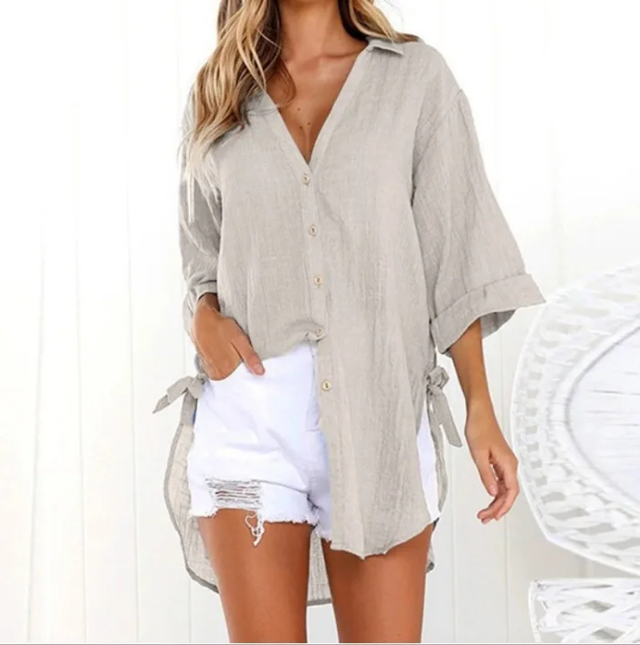 

Woman Blouse Half Sleeve V-neck Solid Long Chic Skirt Europe Style Casual Loose Cardigan