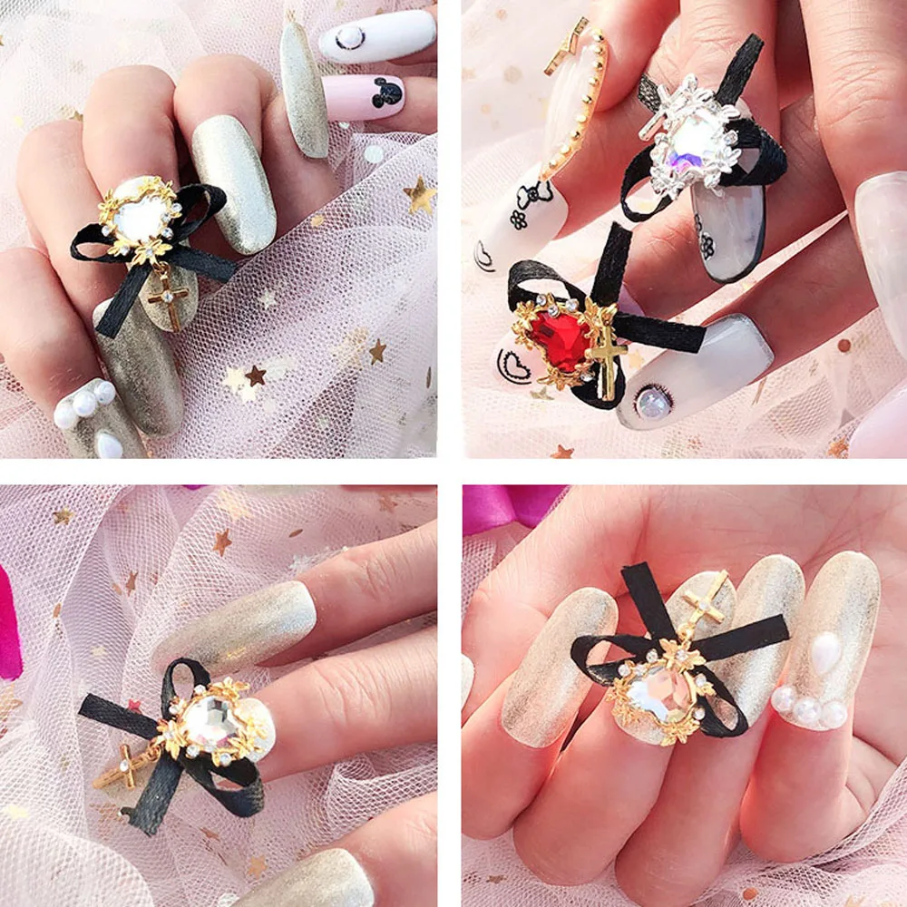 2 Pcs Bowknot Nail Jewelry Luxurious Rococo Style Black Lace Cross Ornaments Elegant Luxury Rhinestone |