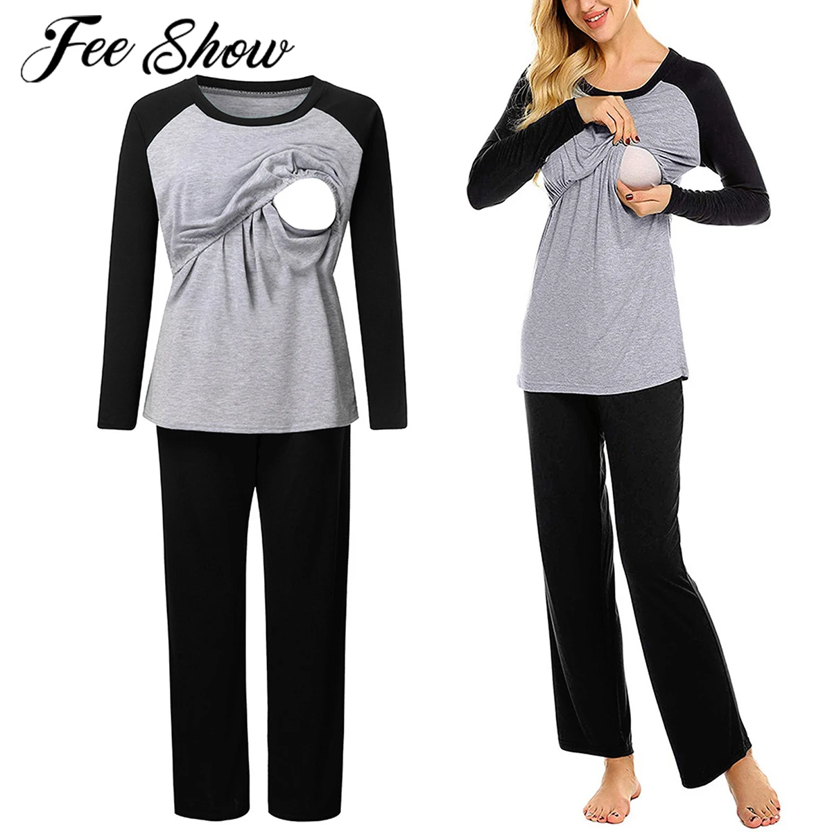 

Maternity Long Sleeve Nursing T-shirt Tops+Pants Pajamas Set Pregnant Women Breastfeeding Nightgown Pyjama Allaitement Sleepwear
