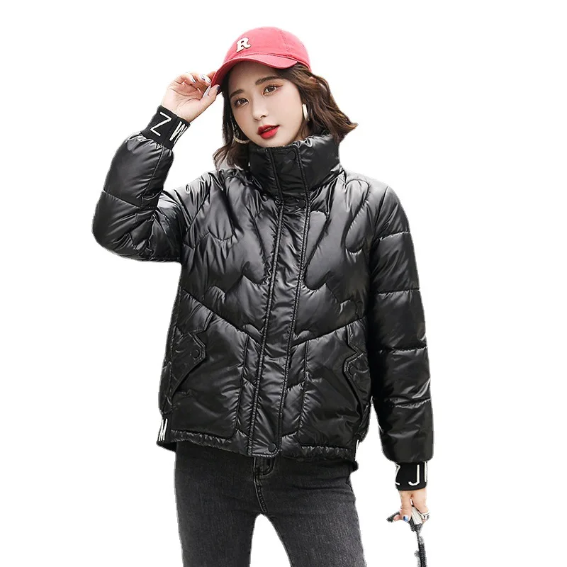 

Women Winter Stand Collar Windproof Big Pocket Letters Short Glossy Coat Puffer Jacket Cotton Padded Parkas Outwear Overcoat
