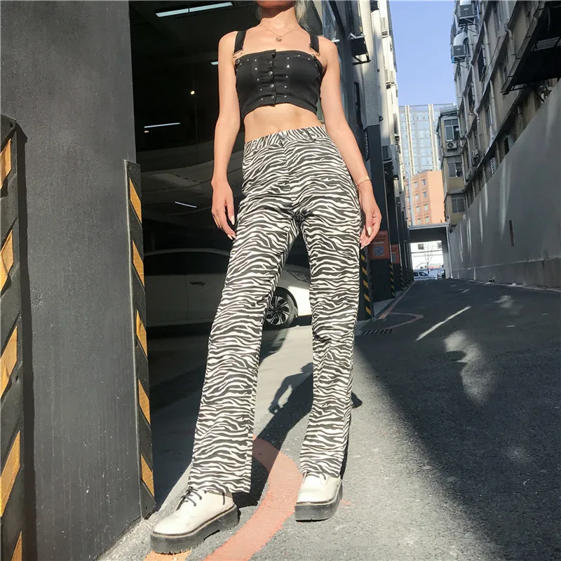 

hirigin Summer Women Zebra Printed Wide Leg Pants Capris Y2K 2021 Fashion High Waisted Street Punk Club K-POP Trouser