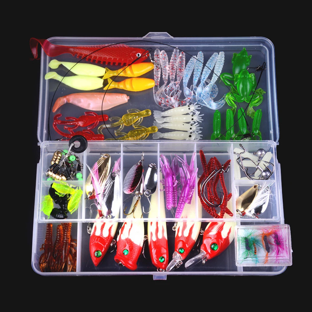 

100Pcs Fishing Lure Set Tackle Box VIB Topwater Diving Floating Lures Soft Lure Set Plastic Worms Single Hooks