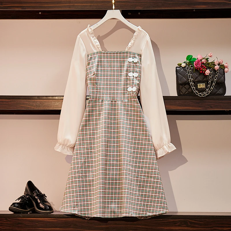 

4XL plus size women vintage plaid Patchwork dresses autumn winter 2021 long sleeve bow slim a line cheongsam dress vestido