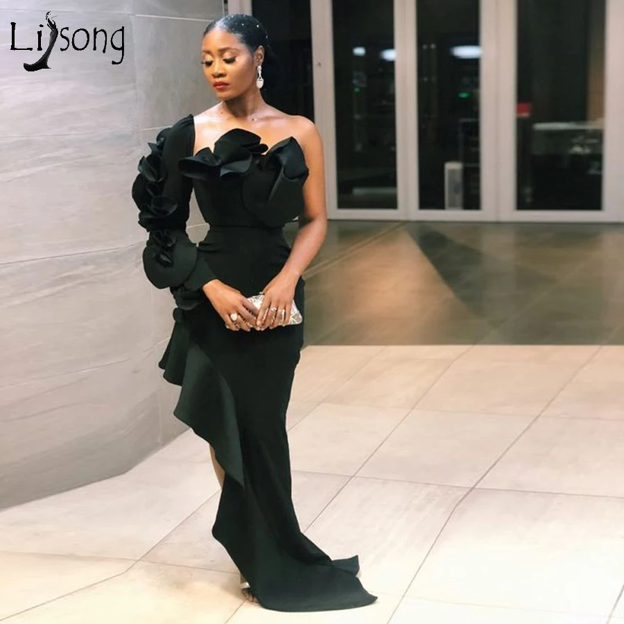 

Unique Dark Green Aso Ebi Long Prom Dresses Ruffles One Shoulder Sexy Asymmetrical Prom Gowns African Party Dress