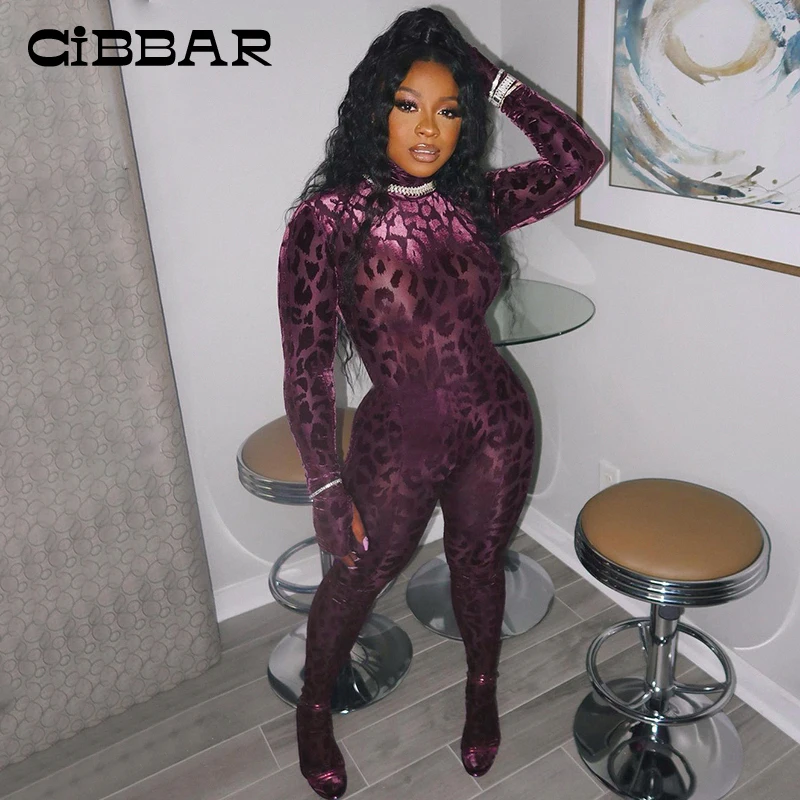

CIBBAR Skinny Leopard Print Flocking Jumpsuits Women Mesh Sexy See Through Retro Fashion Hot Clubwear Long Sleeve Attirewear New