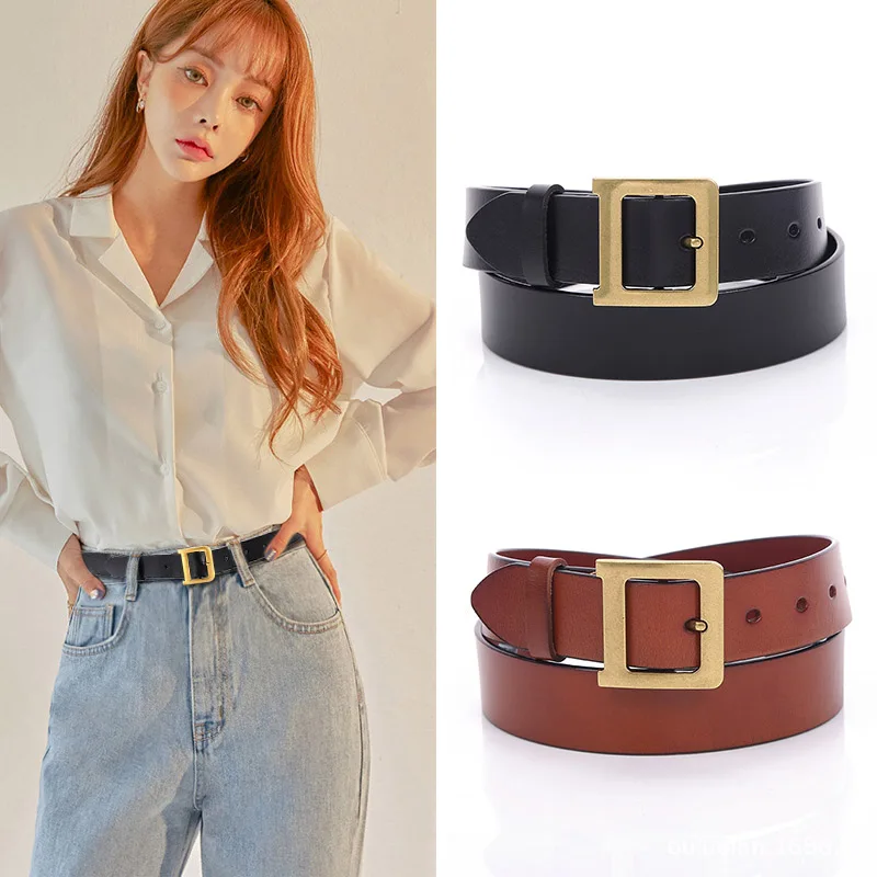 

Ремень из натуральной кожи для женщин, модный пояс из воловьей кожи с металлической D-образной пряжкой, для джинсов