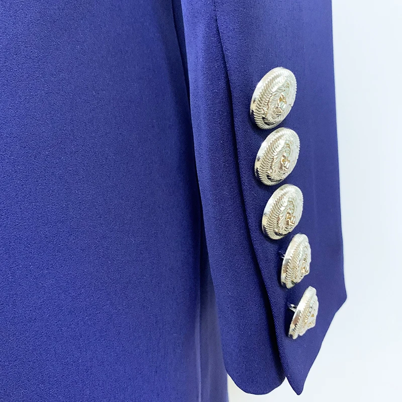 

HIGH STREET Newest 2021 Designer Blazer Women's Metal Lion Buttons Double Breasted Shawl Collar Long Blazer Jacket Navy Blue