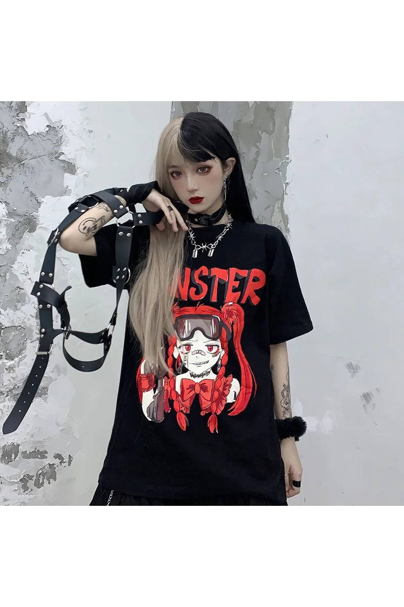 

WHOHOLL Women Gothic Cartoon Girl Print T-shirt Punk Harajuku Women Graffiti Short Sleeve Hip Hop Tshirts 2021 Summer top