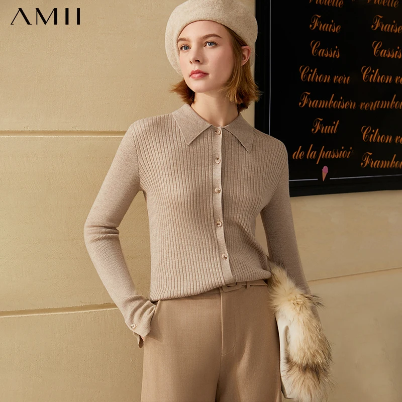 

Amii минимализм осень зима OLstyle женский кардиган Модный повседневный однотонный лацканы приталенный женский свитер пуловер Топы 12030460