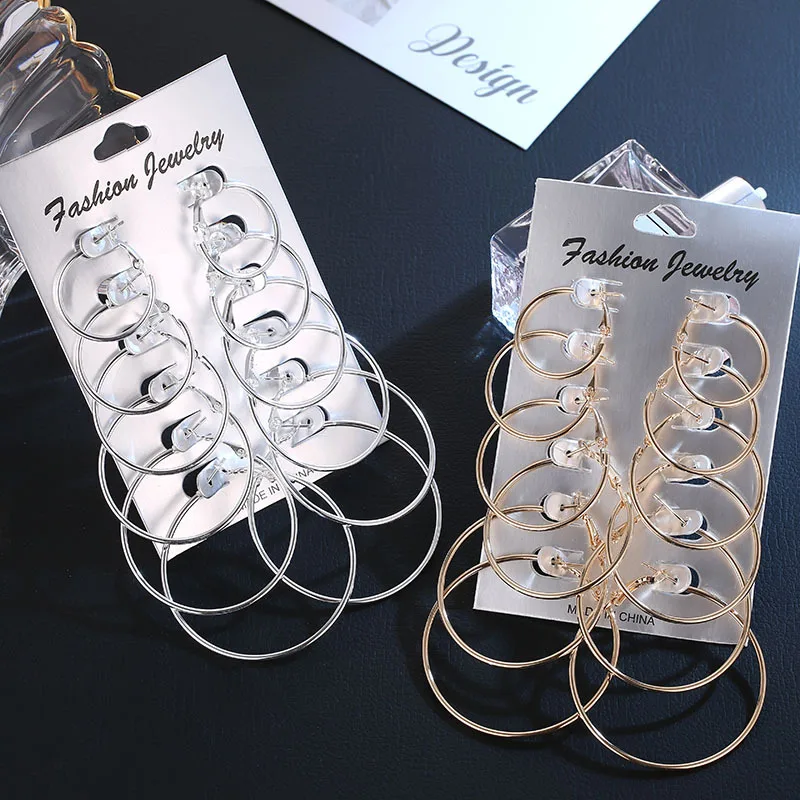 6 пар круглые/круглые большие серьги кольца для женщин Серебряный цвет набор