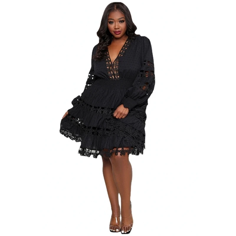 

African A Line Dress Women Knee Length Full Sleeve V Neck Gown Fashion New Hollow Out Street Style Sexy African Dresses Vestidos