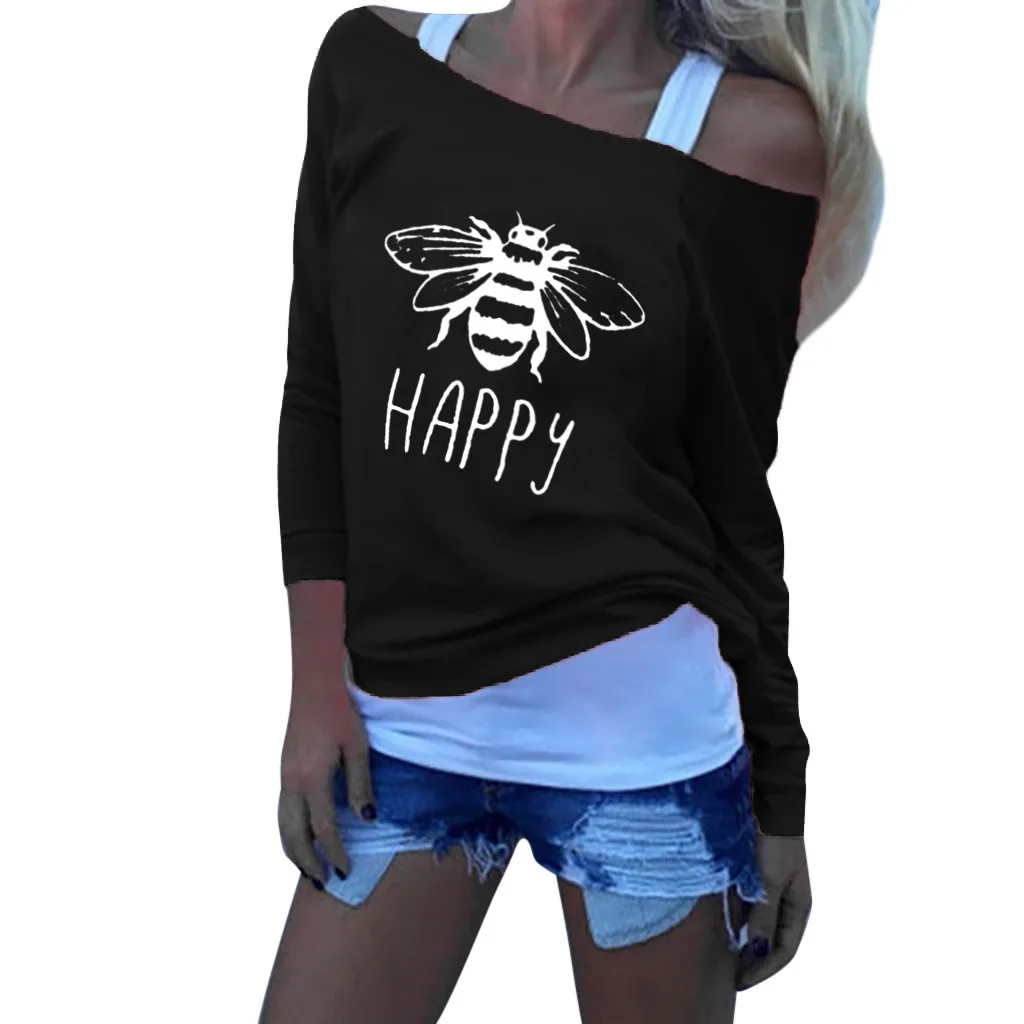 Повседневный Топ на одно плечо с надписью happy Bee и длинным рукавом в винтажном