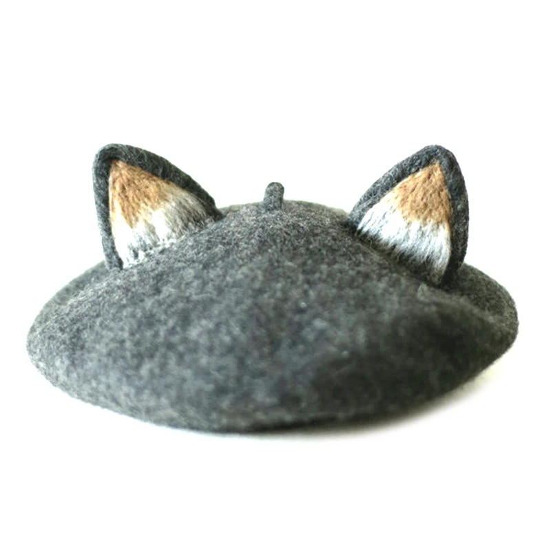 Берет художника с милыми лисьими ушками повседневный теплый берет ручной работы
