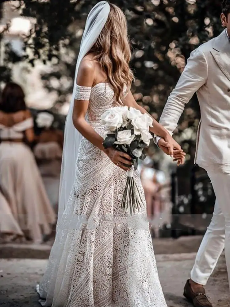 cheap wedding dresses Boho Mermaid Lace Wedding Dresses 2021 Off the Shoulder Trumpet Bridal Gowns Long Beach Wedding Gowns For Bride vestido de novia summer wedding guest dress