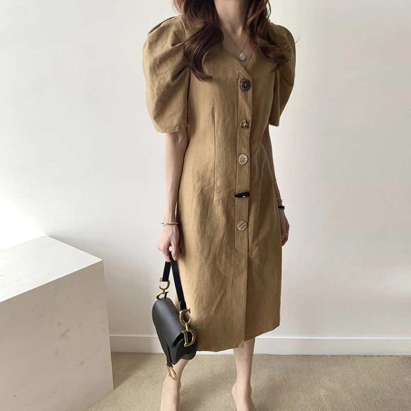 Женское хлопковое и льняное платье BGTEEVER летнее однобортное с пышными рукавами