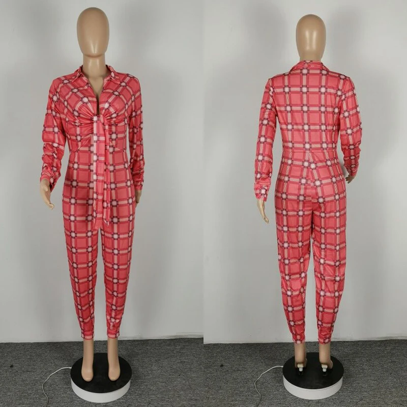 

TNNAOFF Plus Size Plaid Bandage Long Sleeve Rompers Womens Jumpsuit Spring Fall Fashion Elegance One Piece Club Outfits Overalls