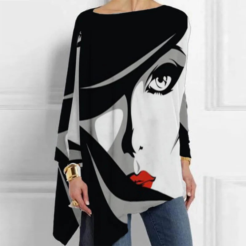 

Women Fashion Tops Harajuku Shirt Aesthetic Clothes Ladies Long Sleeve Lrregular Shirts Graphic Tees Vintage Printed T-Shirt 5XL