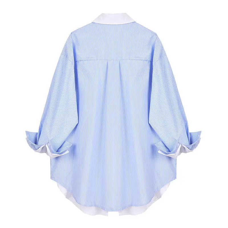 Лоскутные рубашки синяя полосатая рубашка с длинным рукавом Женская Корейская