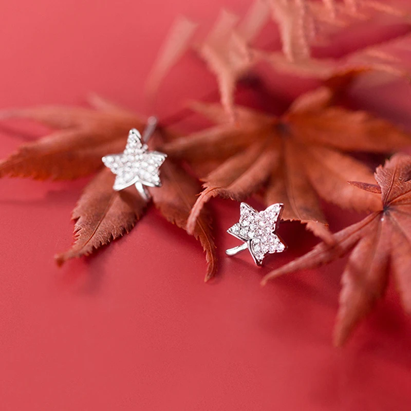 

MIQIAO Hypoallergenic Earrings For Women Temperament Diamond Zircon Crystal Maple Leaf Stud 925 Sterling Silver Fashion Jewelry