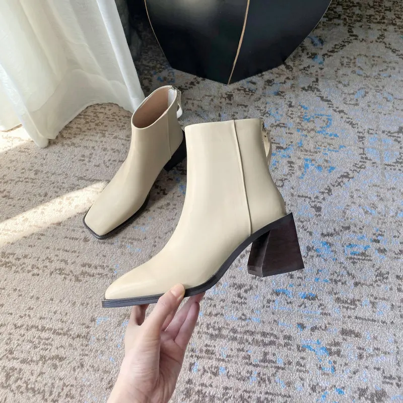 

Genuine Leather Thick high Heels Ankle Boots For Women Boots Woman Female Square Toe back zippers Working Office Boots
