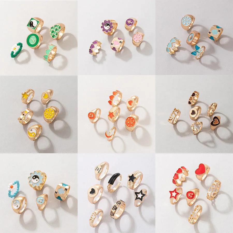 

WANGAIYAO new fashion personality creative color drip ring combination set ins style love gossip geometric ring multi-piece set