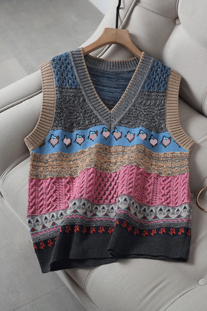 

2021 spring new fashion retro color knitted vest women loose casual sweater vest